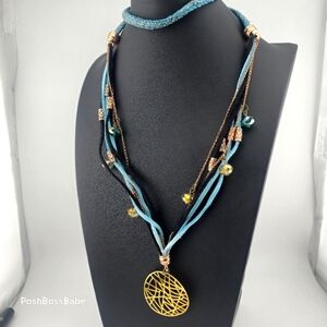 Boho Multi-Strand Layered Necklace with Gold Filigree Pendant